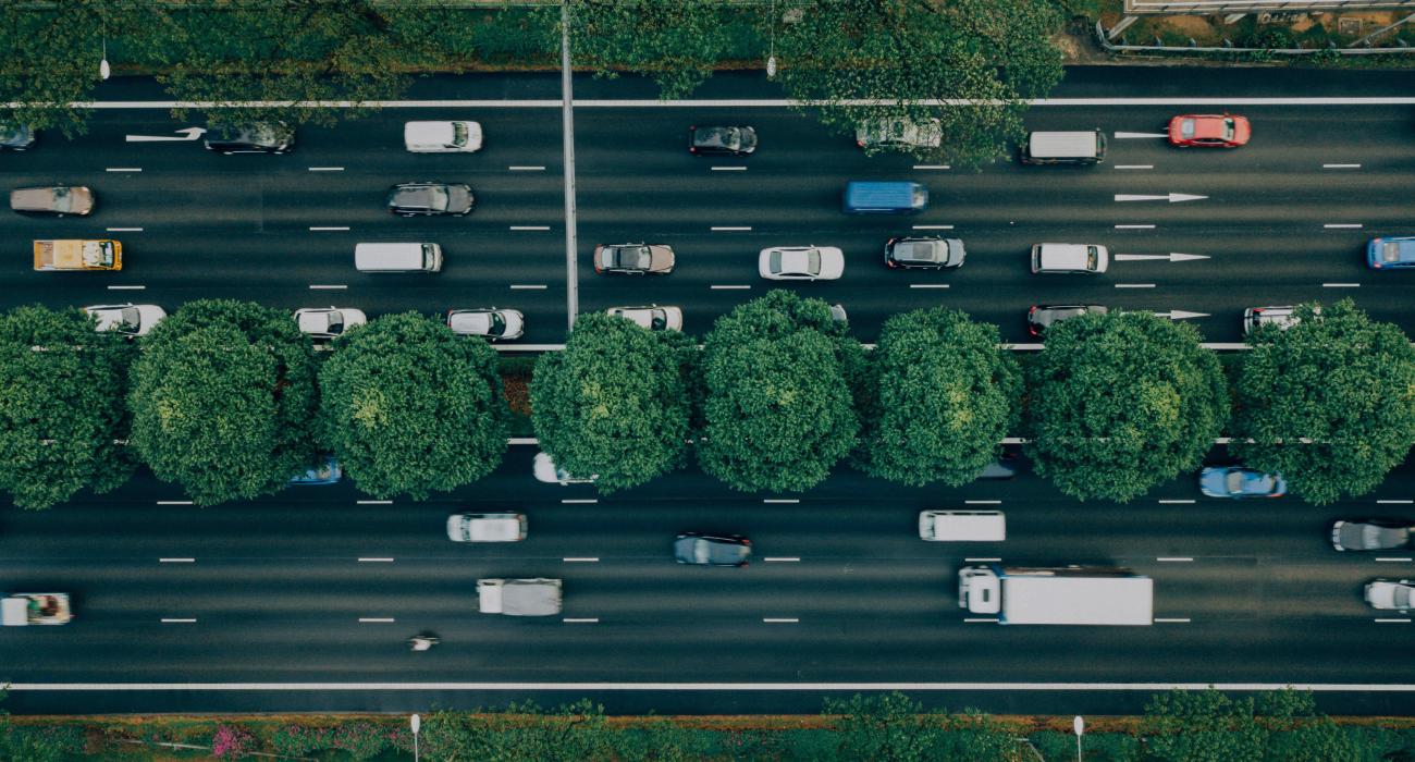 Cars moving on a two way road divided by a strip of trees in the middle