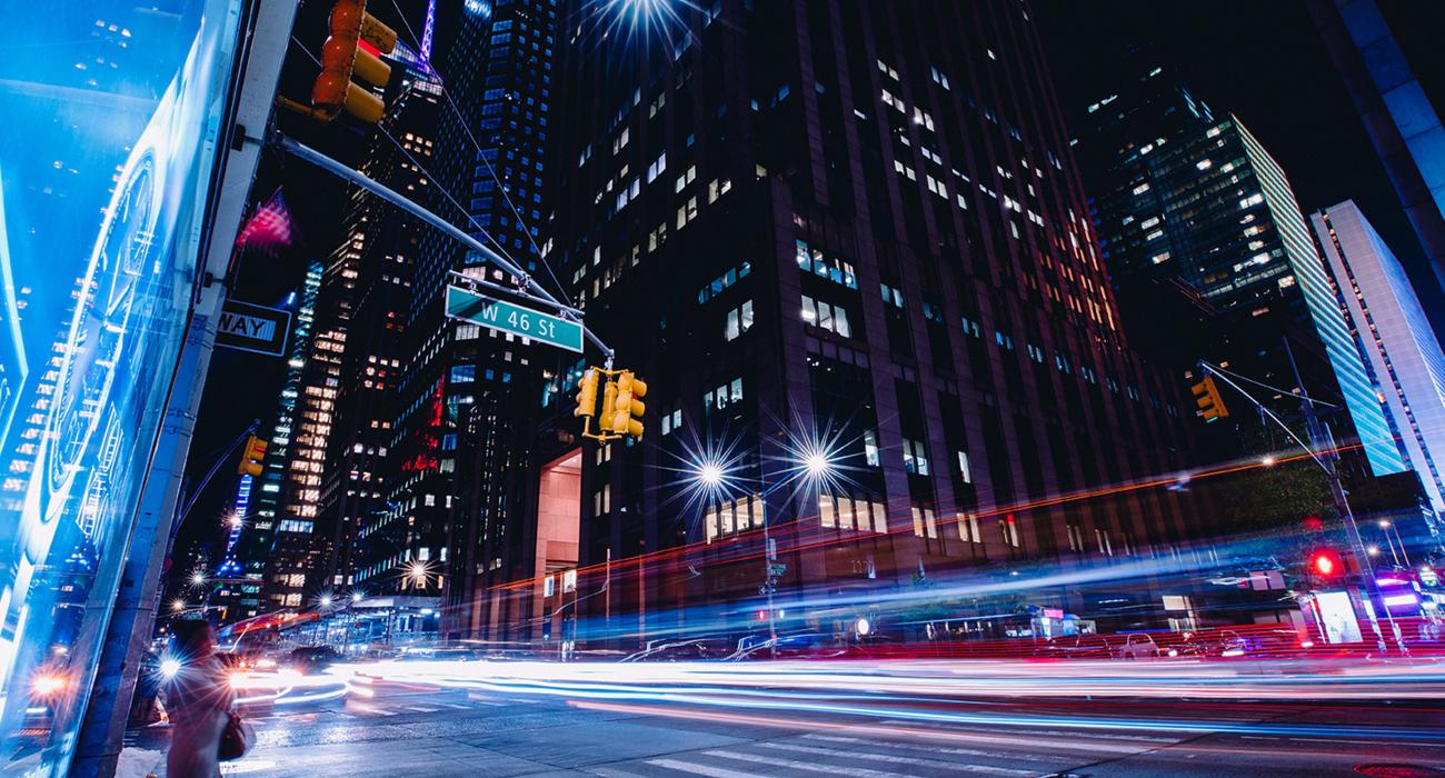 Timelapse photo of W46th street in NYC at night